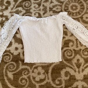 Off Shoulder Squinch Blouse with Lace Sleeves